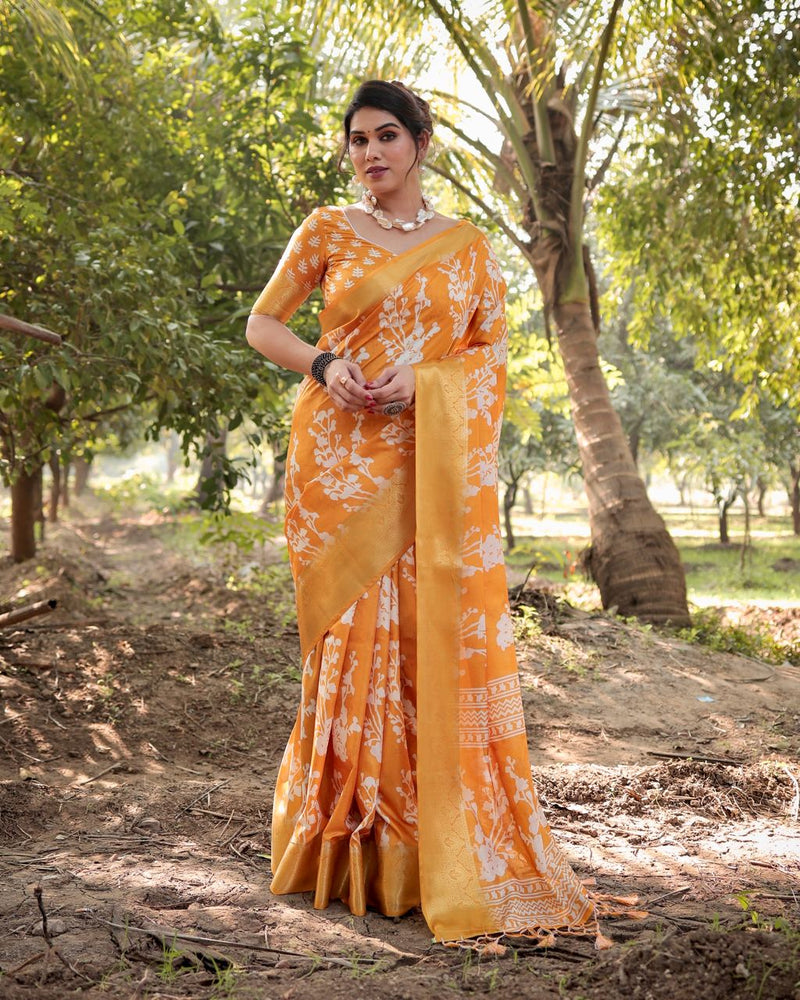Yellow Color Floral Printed Cotton Silk Saree