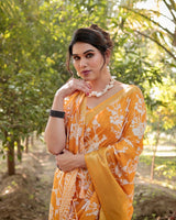 Yellow Color Floral Printed Cotton Silk Saree