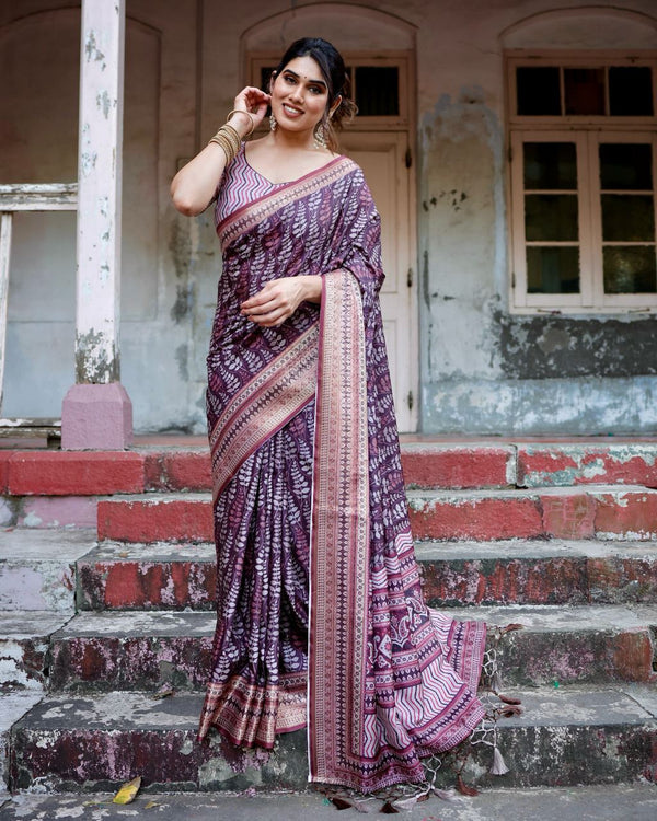 Grape Purple Floral Printed Cotton Silk Saree