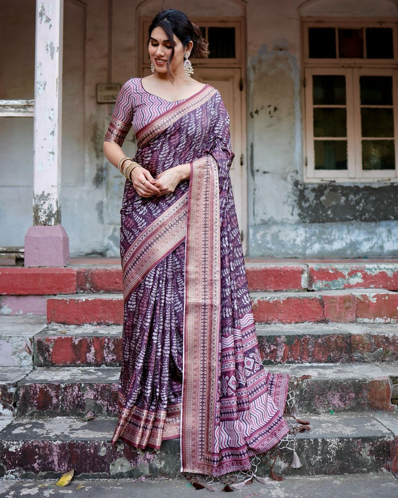 Grape Purple Floral Printed Cotton Silk Saree