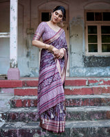 Grape Purple Floral Printed Cotton Silk Saree