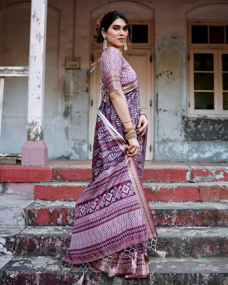 Grape Purple Floral Printed Cotton Silk Saree