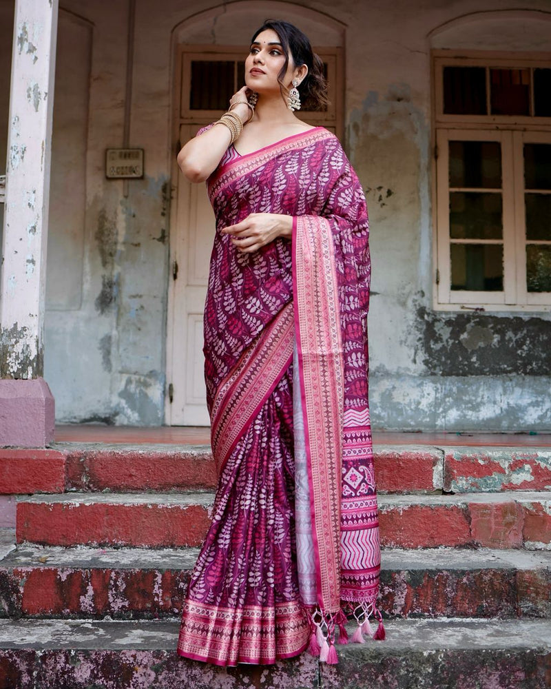 Dark Fuchsia Pink Floral Printed Cotton Silk Saree