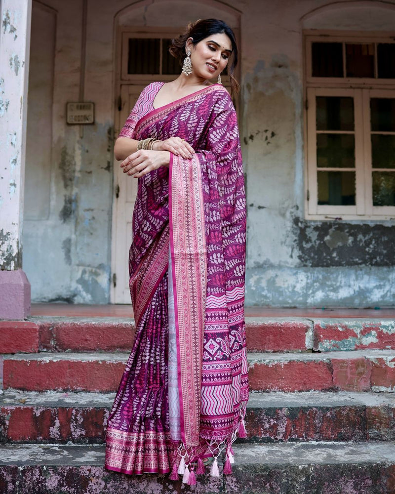 Dark Fuchsia Pink Floral Printed Cotton Silk Saree