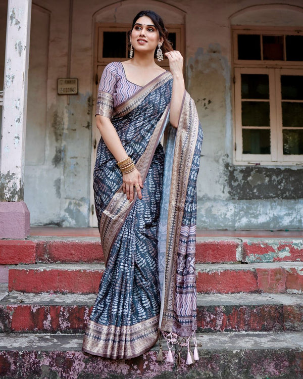 Dark Blue & Grey Floral Printed Cotton Silk Saree