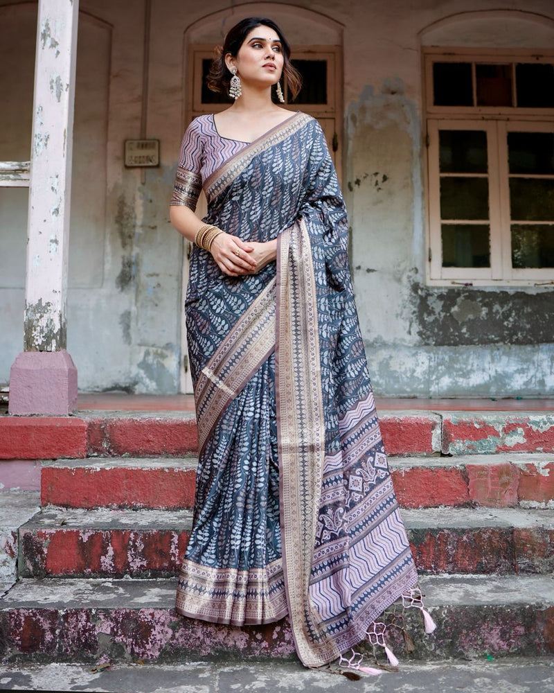 Dark Blue & Grey Floral Printed Cotton Silk Saree
