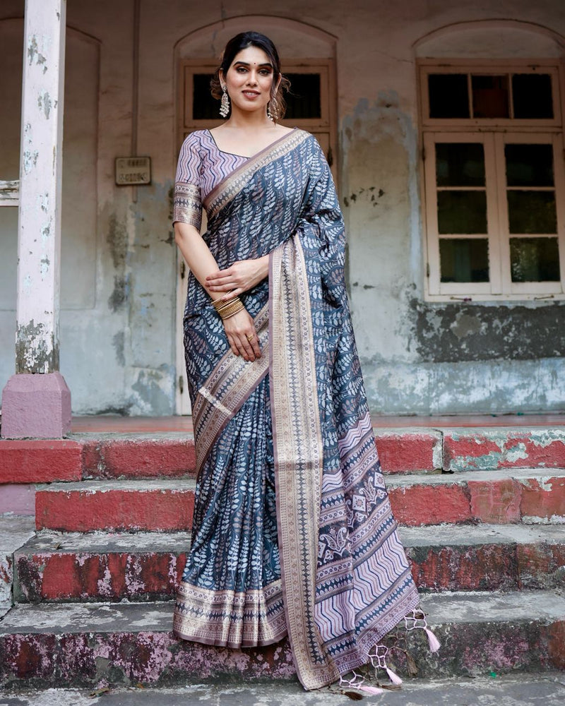 Dark Blue & Grey Floral Printed Cotton Silk Saree