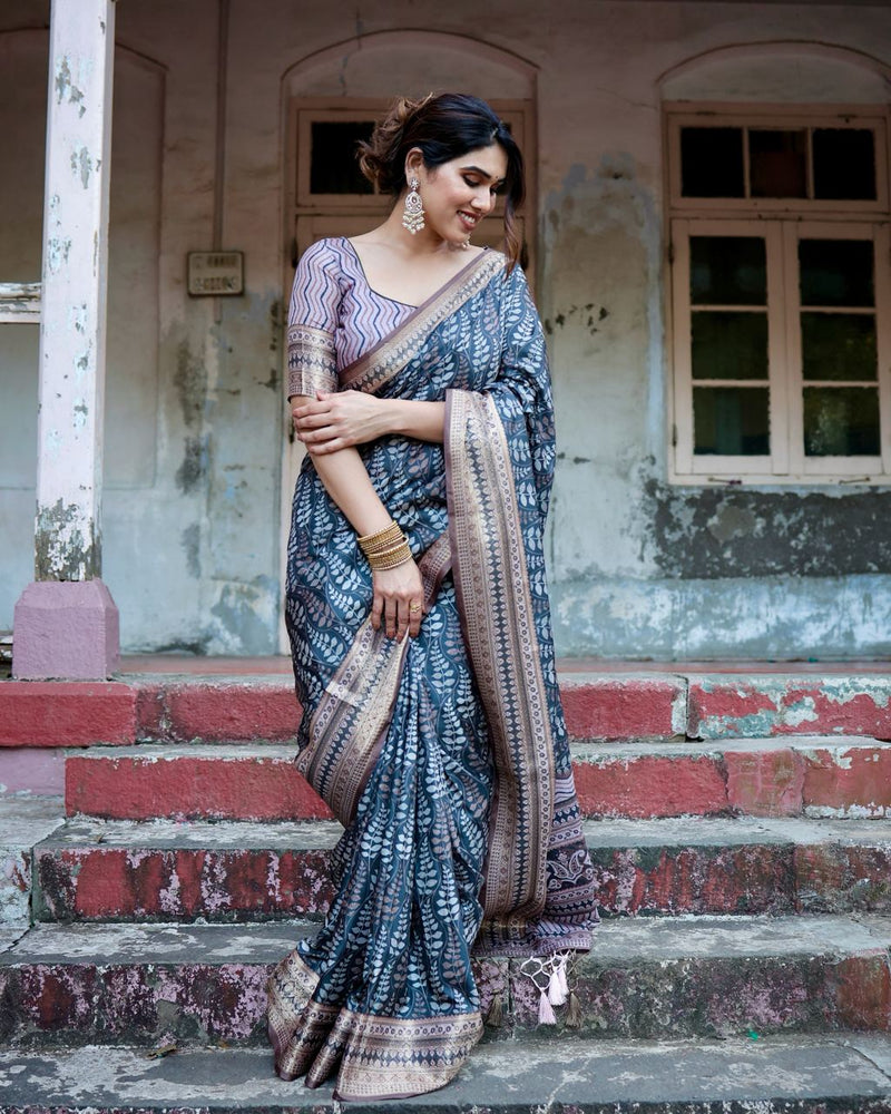 Dark Blue & Grey Floral Printed Cotton Silk Saree
