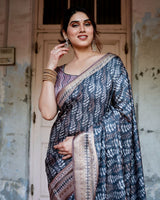 Dark Blue & Grey Floral Printed Cotton Silk Saree