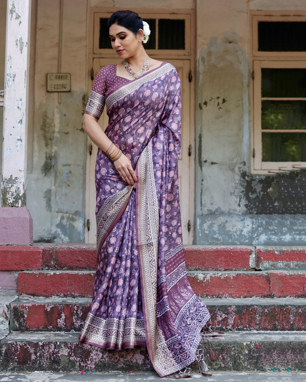 Luxury Purple Floral Printed Cotton Silk Saree