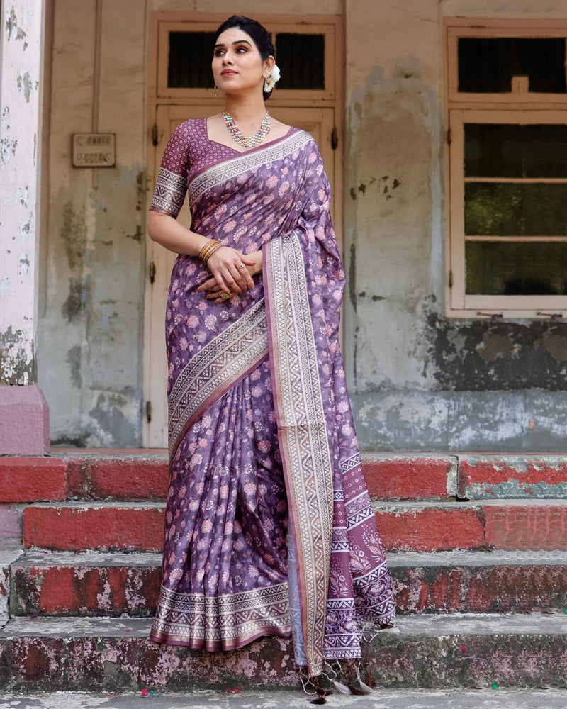 Luxury Purple Floral Printed Cotton Silk Saree
