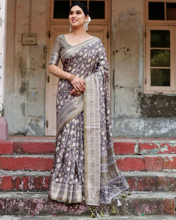Light Grey Floral Printed Cotton Silk Saree