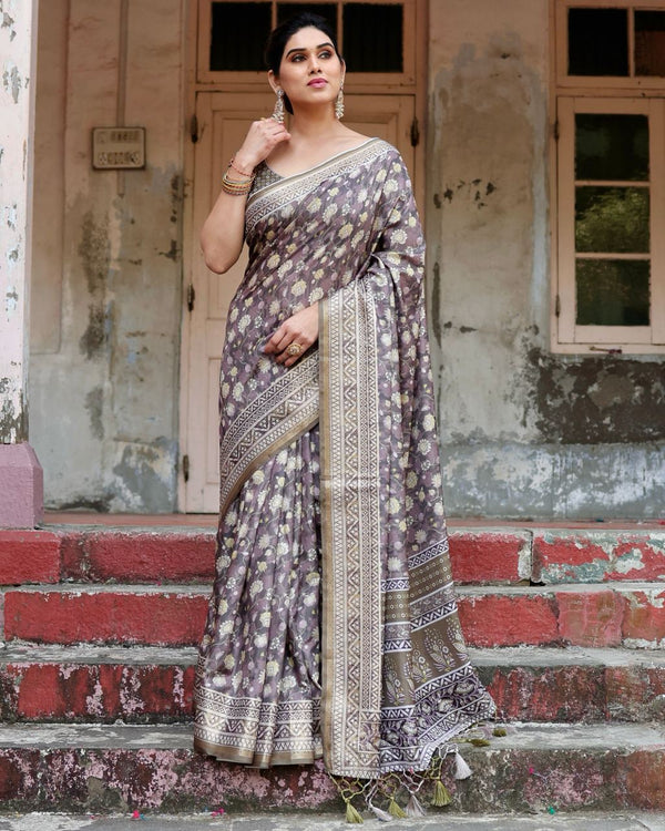 Light Grey Floral Printed Cotton Silk Saree