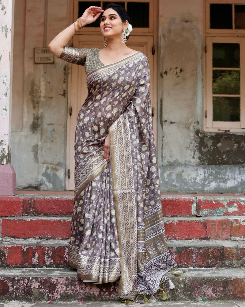 Light Grey Floral Printed Cotton Silk Saree