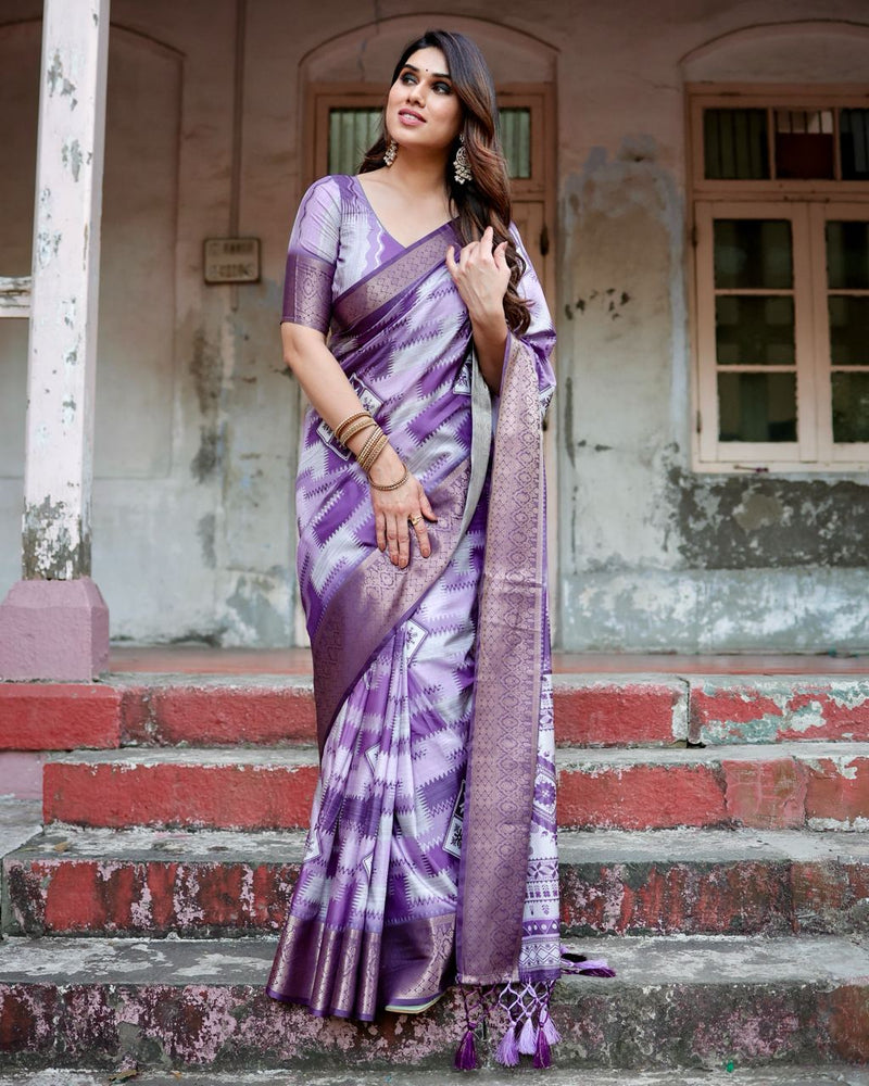 Royal Purple Floral Printed Cotton Silk Saree