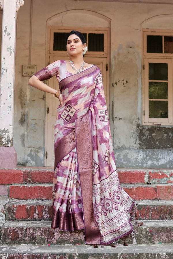 Magenta Pink Floral Printed Cotton Silk Saree