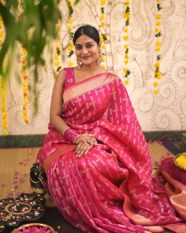 Rangvalli - Pink Silk Saree with Geometric Gold Zari Weave
