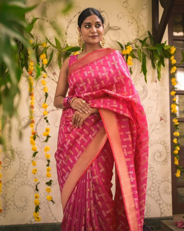 Rangvalli - Pink Silk Saree with Geometric Gold Zari Weave