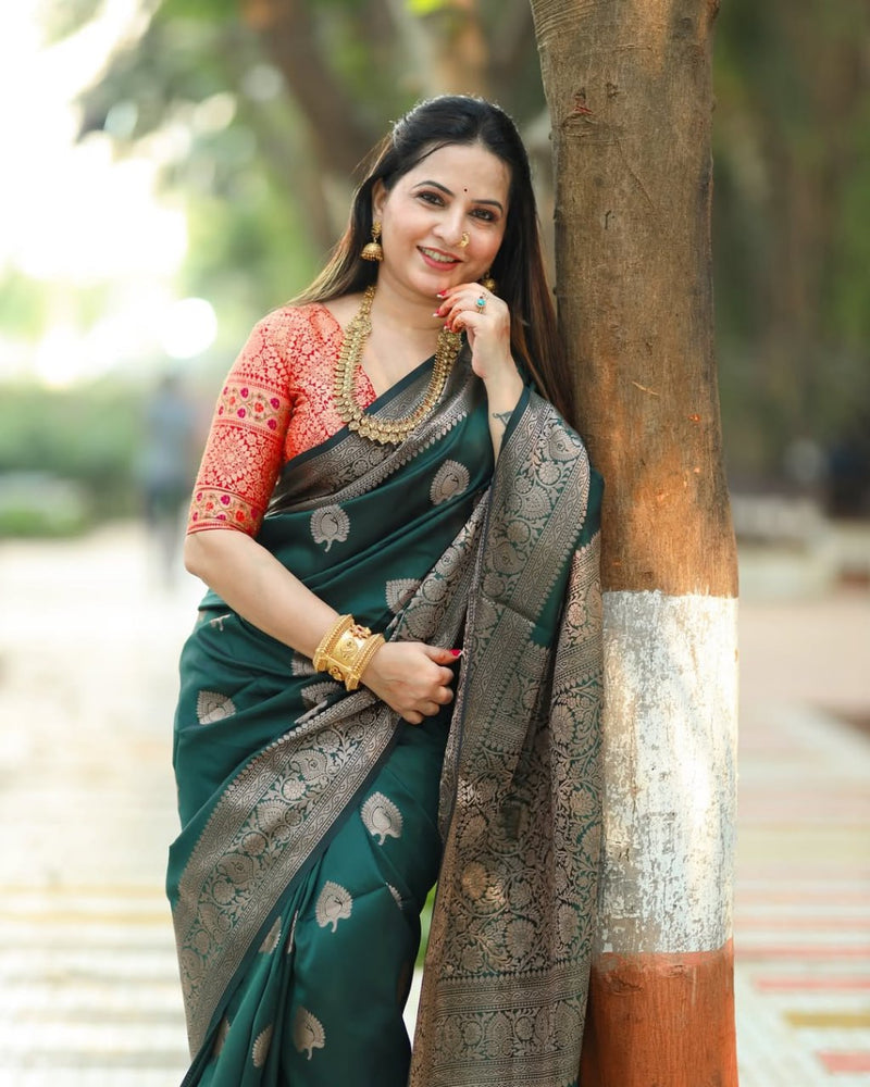Vritika - Green Banarasi Silk Saree with Silver Zari Motifs