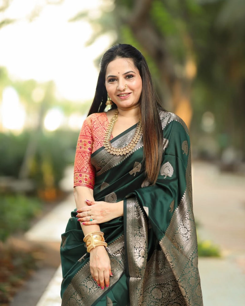 Vritika - Green Banarasi Silk Saree with Silver Zari Motifs