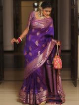 Vijayalakshmi - Purple Kanjivaram Silk Saree with Gold Paisley Zari Border