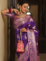 Vijayalakshmi - Purple Kanjivaram Silk Saree with Gold Paisley Zari Border