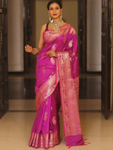 Vijayalakshmi - Pink Kanjivaram Silk Saree with Gold Paisley Zari Border
