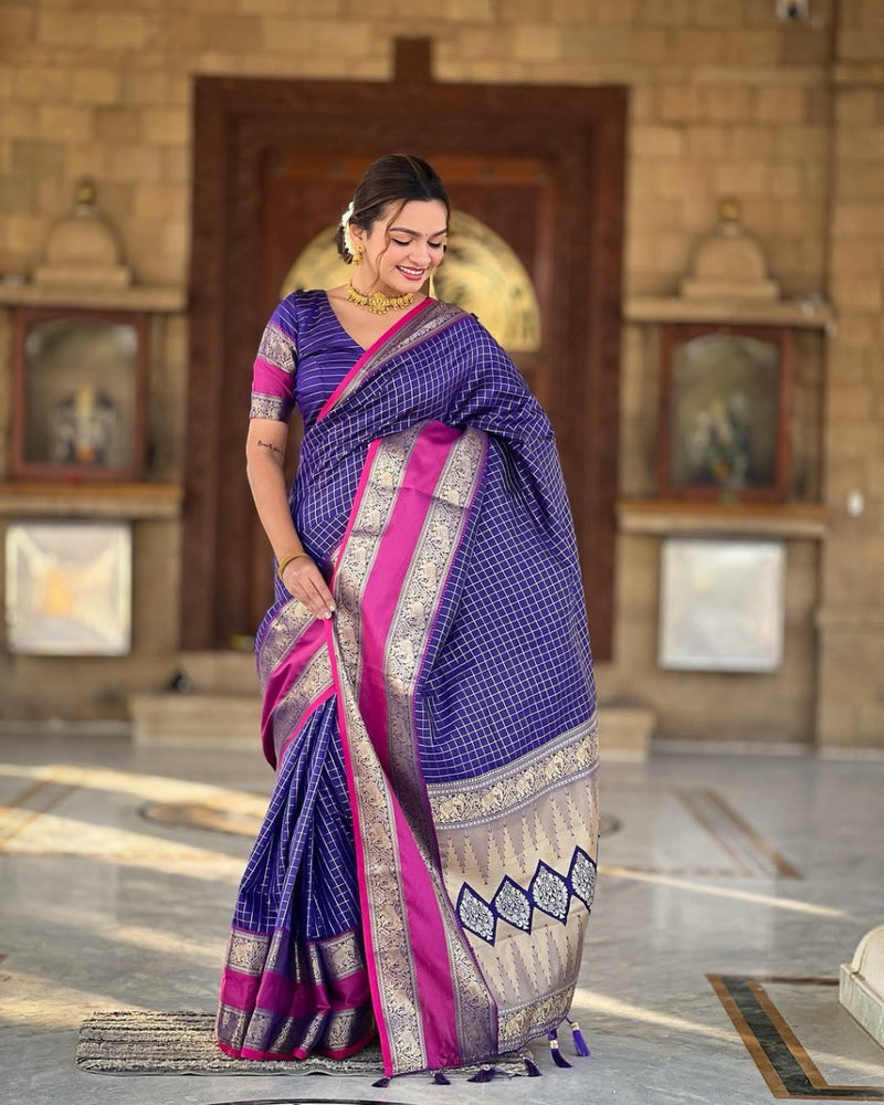 Vaishnavi - Purple Kanjivaram Silk Saree with Silver Zari Checked Pattern
