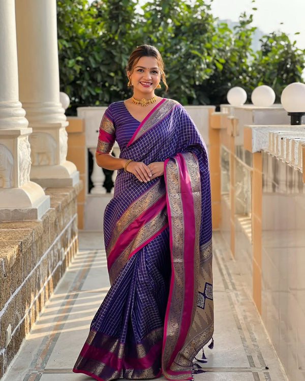 Vaishnavi - Purple Kanjivaram Silk Saree with Silver Zari Checked Pattern