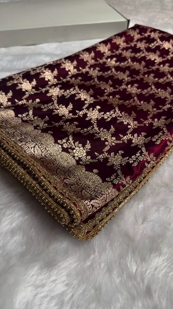 Maroon Velvet Saree with Heavy Golden Zari Embroidery & Beaded Lace Border