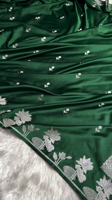 Emerald Green Satin Silk Saree with Silver Zari Floral Border