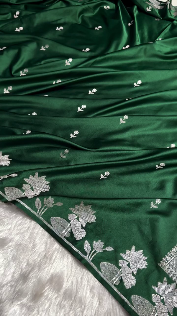 Emerald Green Satin Silk Saree with Silver Zari Floral Border