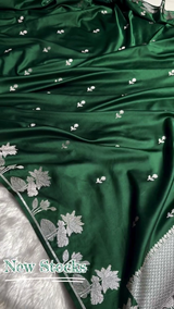 Emerald Green Satin Silk Saree with Silver Zari Floral Border
