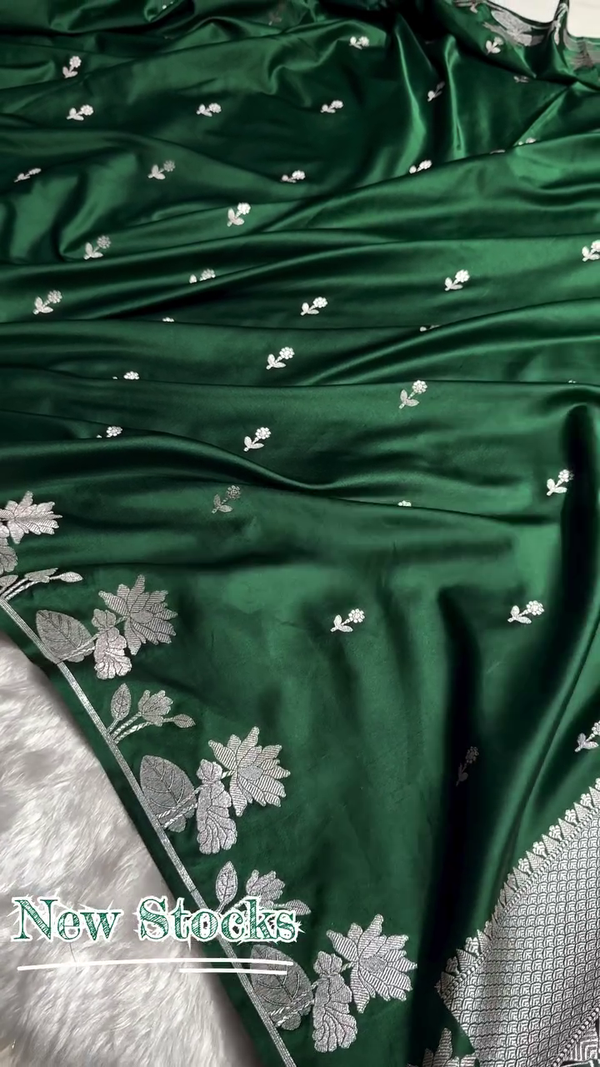 Emerald Green Satin Silk Saree with Silver Zari Floral Border