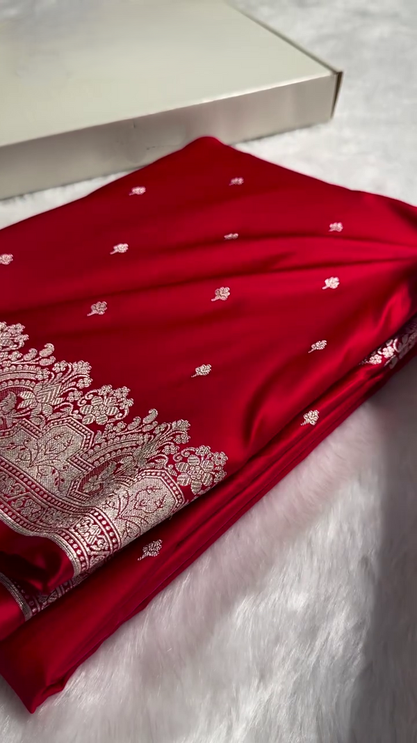 Classic Red Banarasi Silk Saree with Silver Zari Buti and Ornate Floral Border