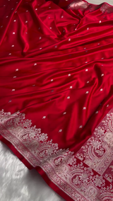 Classic Red Banarasi Silk Saree with Silver Zari Buti and Ornate Floral Border
