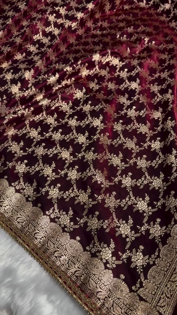 Maroon Velvet Saree with Heavy Golden Zari Embroidery & Beaded Lace Border