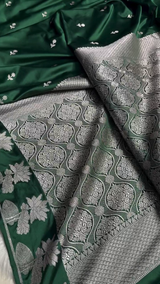 Emerald Green Satin Silk Saree with Silver Zari Floral Border