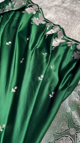 Emerald Green Satin Silk Saree with Silver Zari Floral Border