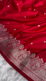 Classic Red Banarasi Silk Saree with Silver Zari Buti and Ornate Floral Border