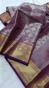 Regal Purple Kanjivaram Silk Saree with Golden Zari Brocade Weaving