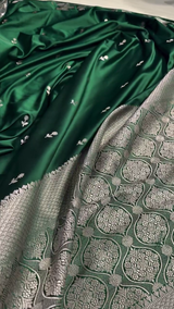 Emerald Green Satin Silk Saree with Silver Zari Floral Border