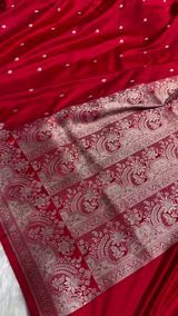Classic Red Banarasi Silk Saree with Silver Zari Buti and Ornate Floral Border