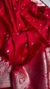 Classic Red Banarasi Silk Saree with Silver Zari Buti and Ornate Floral Border