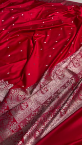 Classic Red Banarasi Silk Saree with Silver Zari Buti and Ornate Floral Border