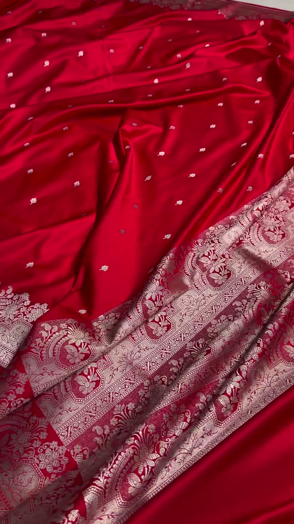 Classic Red Banarasi Silk Saree with Silver Zari Buti and Ornate Floral Border