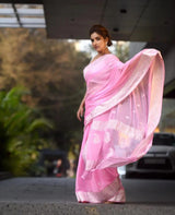 Samaira - Pink Soft Silk Saree with Subtle Jacquard and Matching Blouse